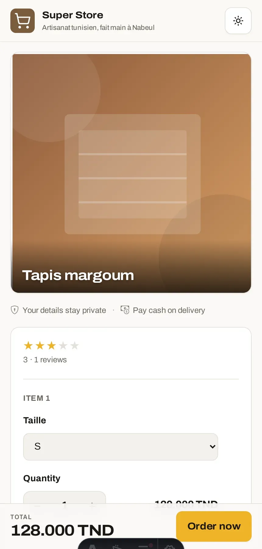 The order page as a customer sees it on a phone