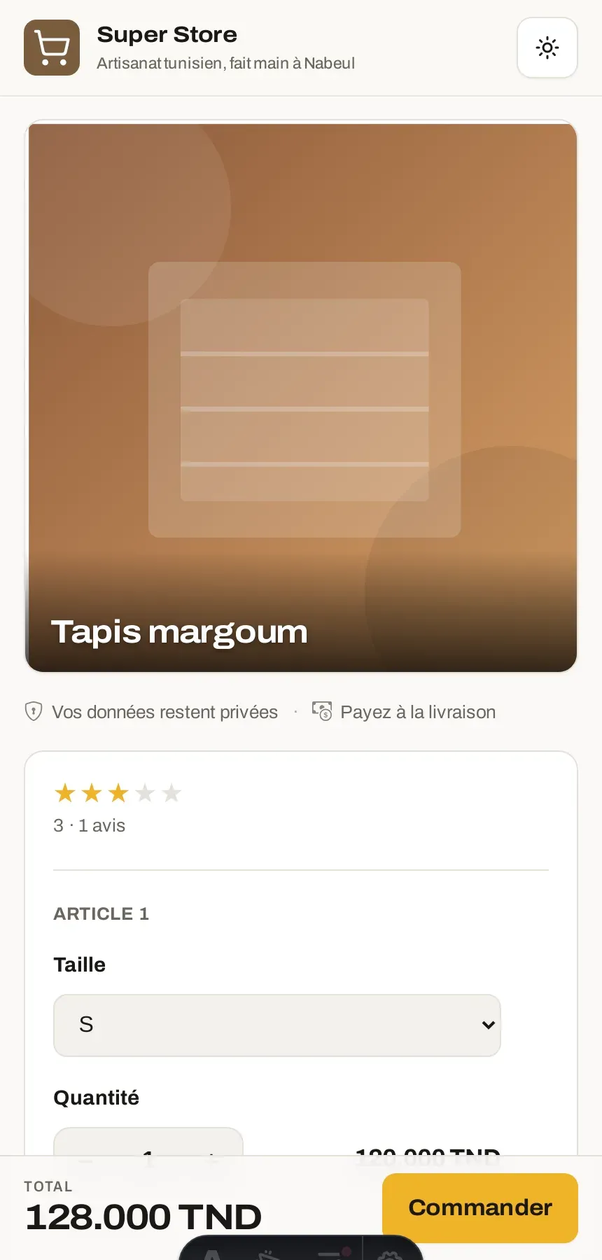 La page de commande vue par un client sur téléphone
