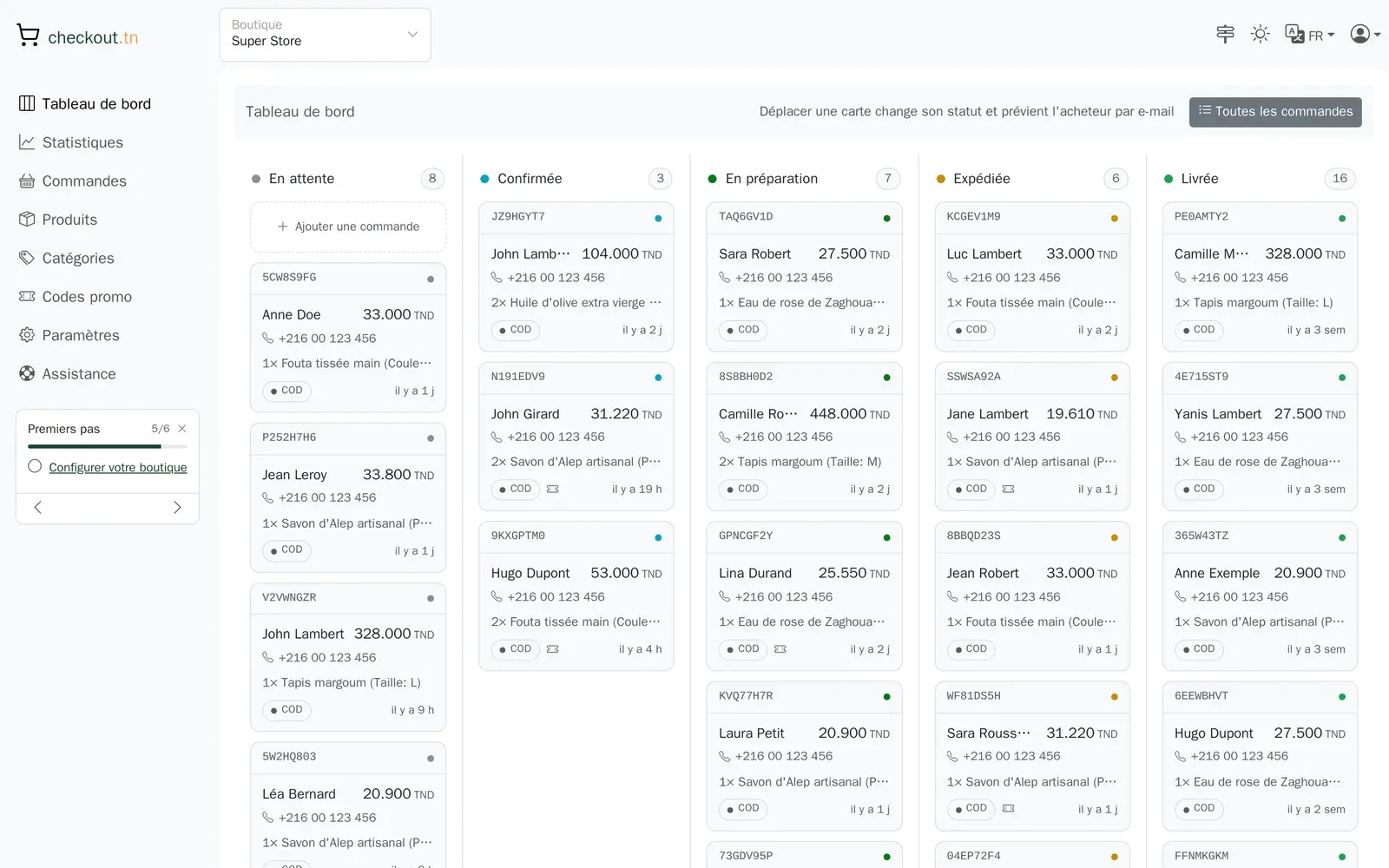 Le tableau de bord avec le tableau des commandes