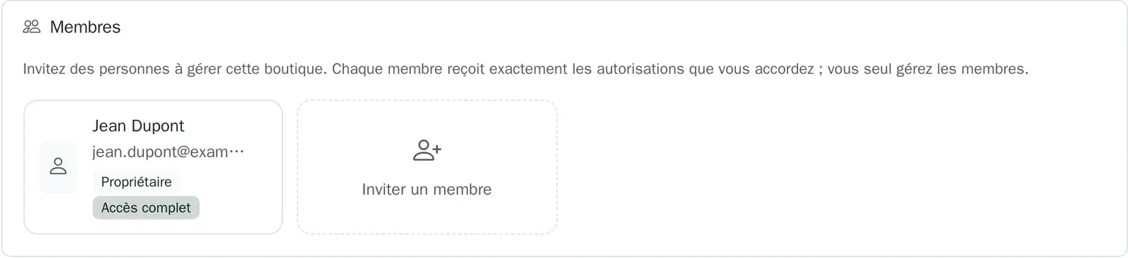 La carte Membres dans les réglages de la boutique
