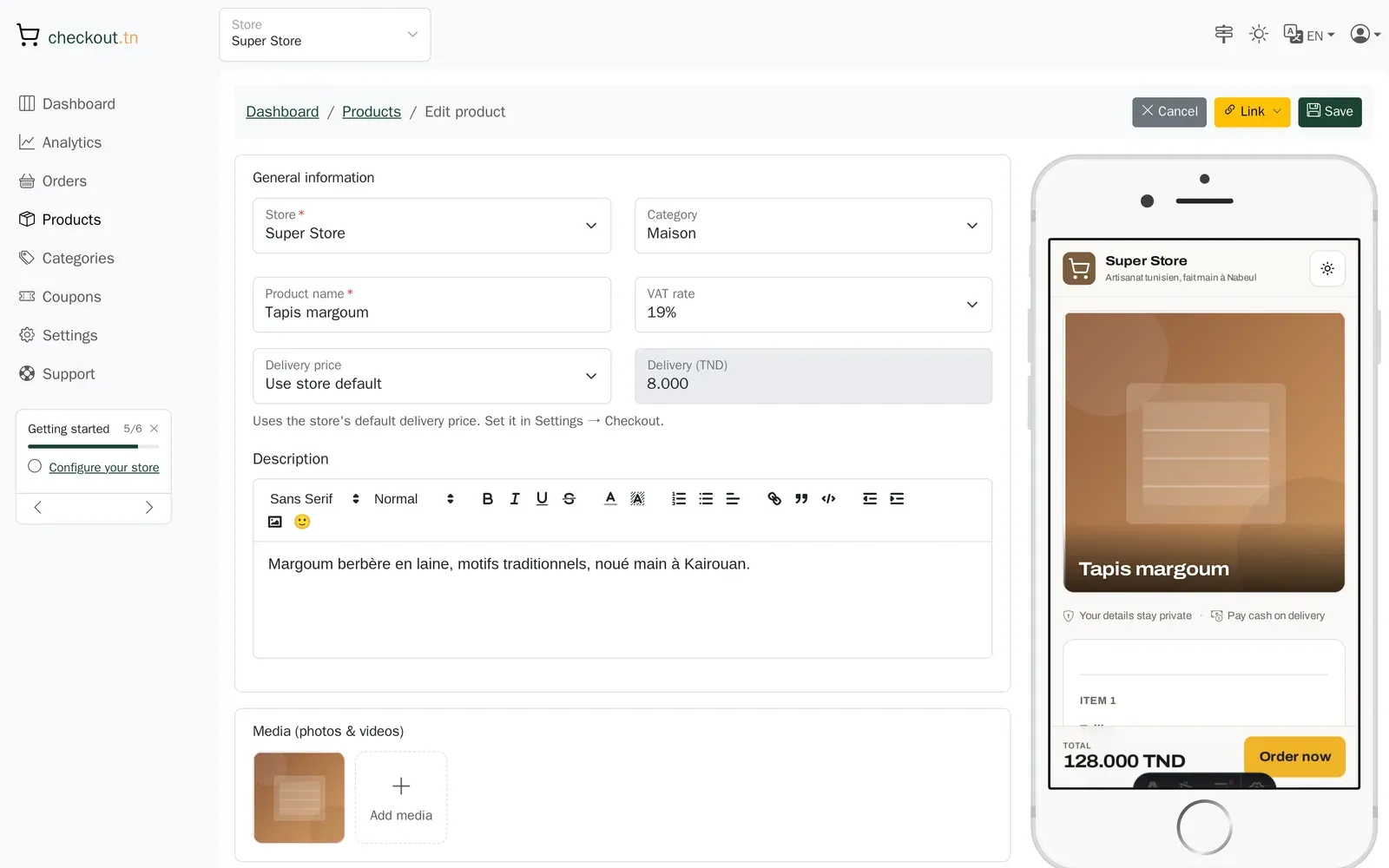 The product editor with the phone preview