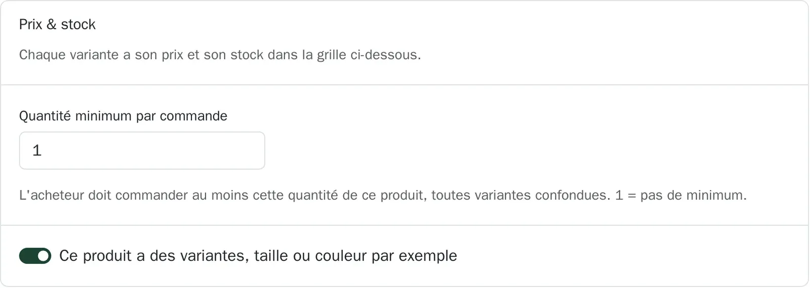 La carte Prix et stock avec la quantité minimum