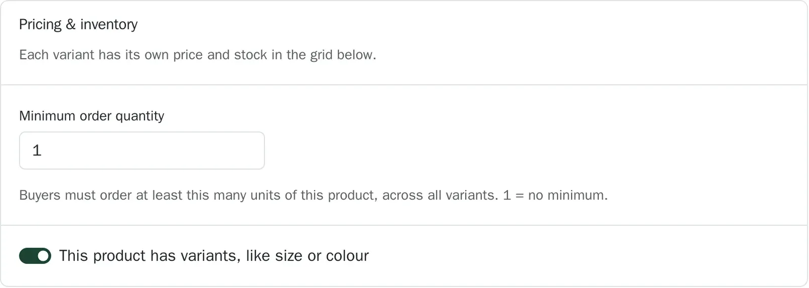 The Pricing and inventory card with the minimum quantity