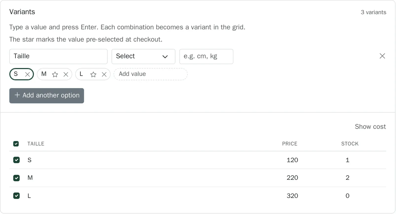 The variant grid generated from the options