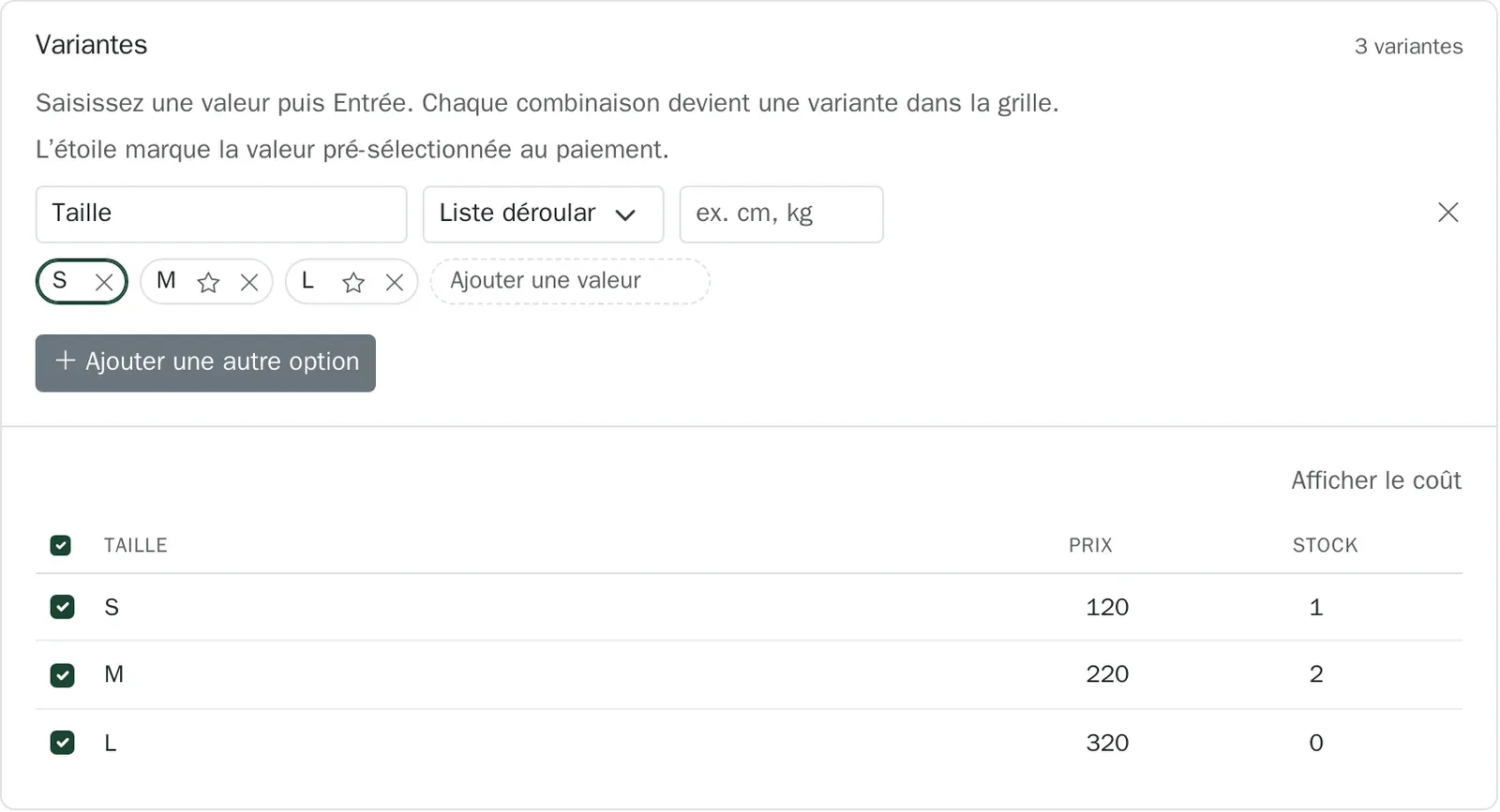 La grille des variantes générée depuis les options
