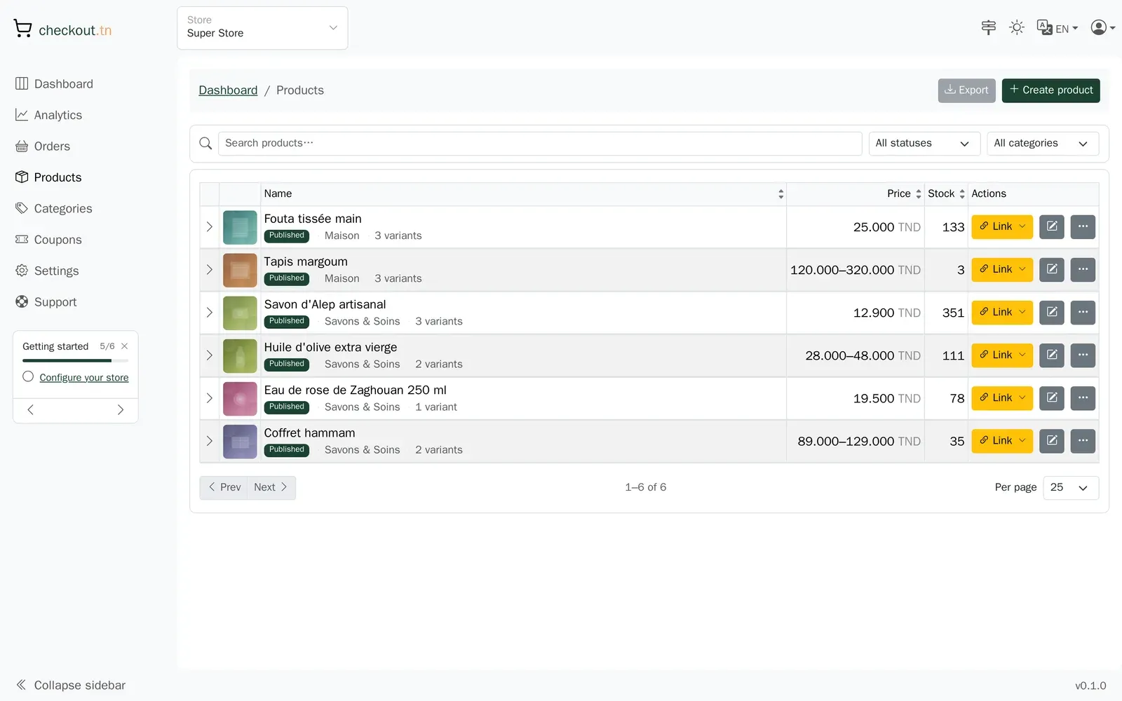 The product list