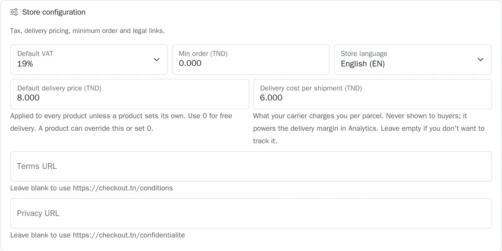 The store's delivery settings