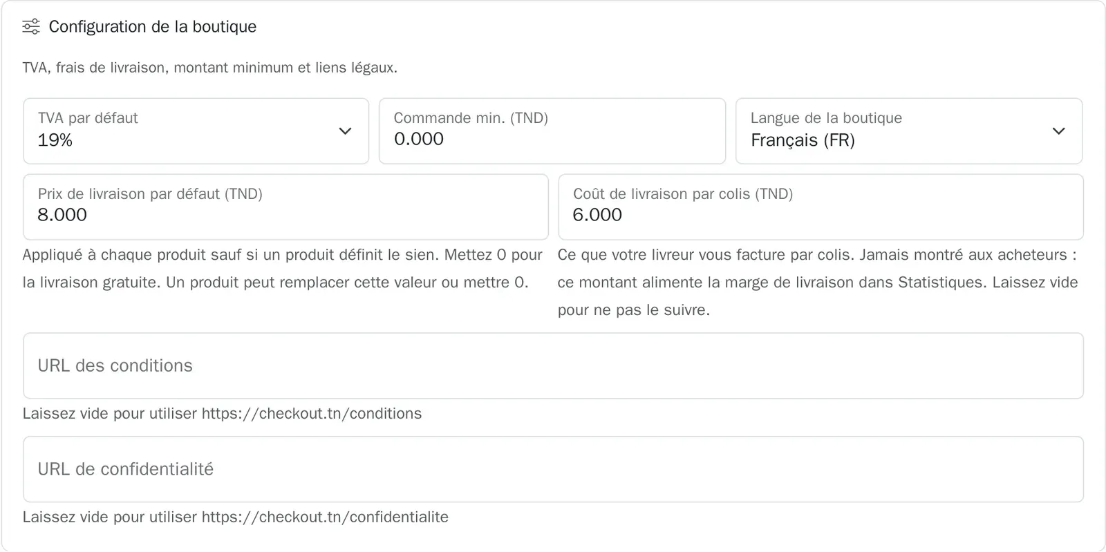 Les réglages de livraison de la boutique