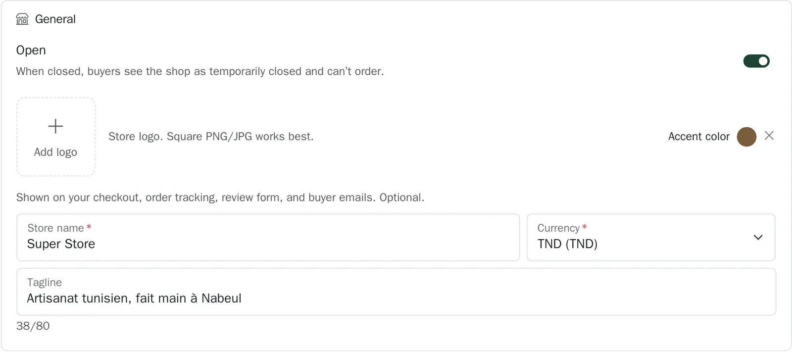 Store settings: name, logo, colour