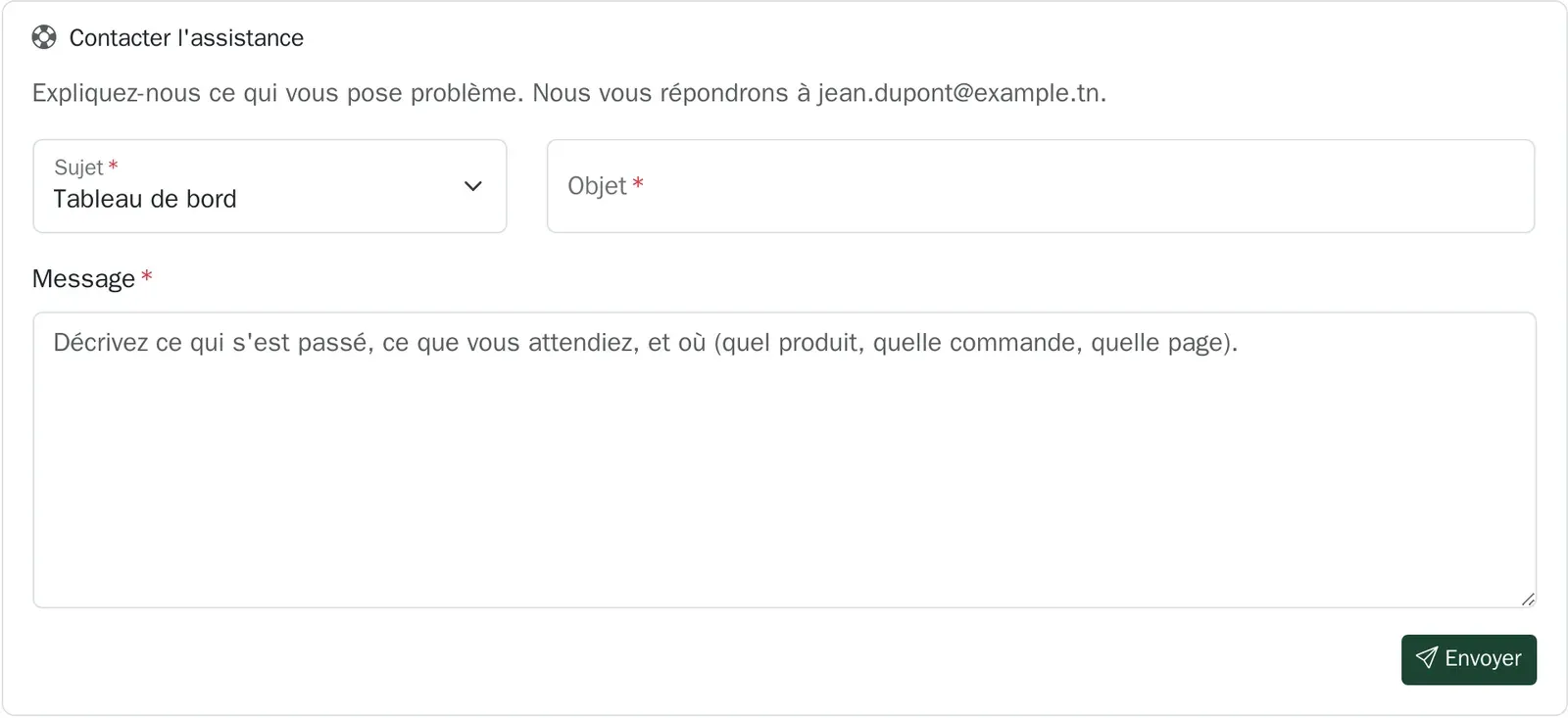 Le formulaire d’assistance du tableau de bord