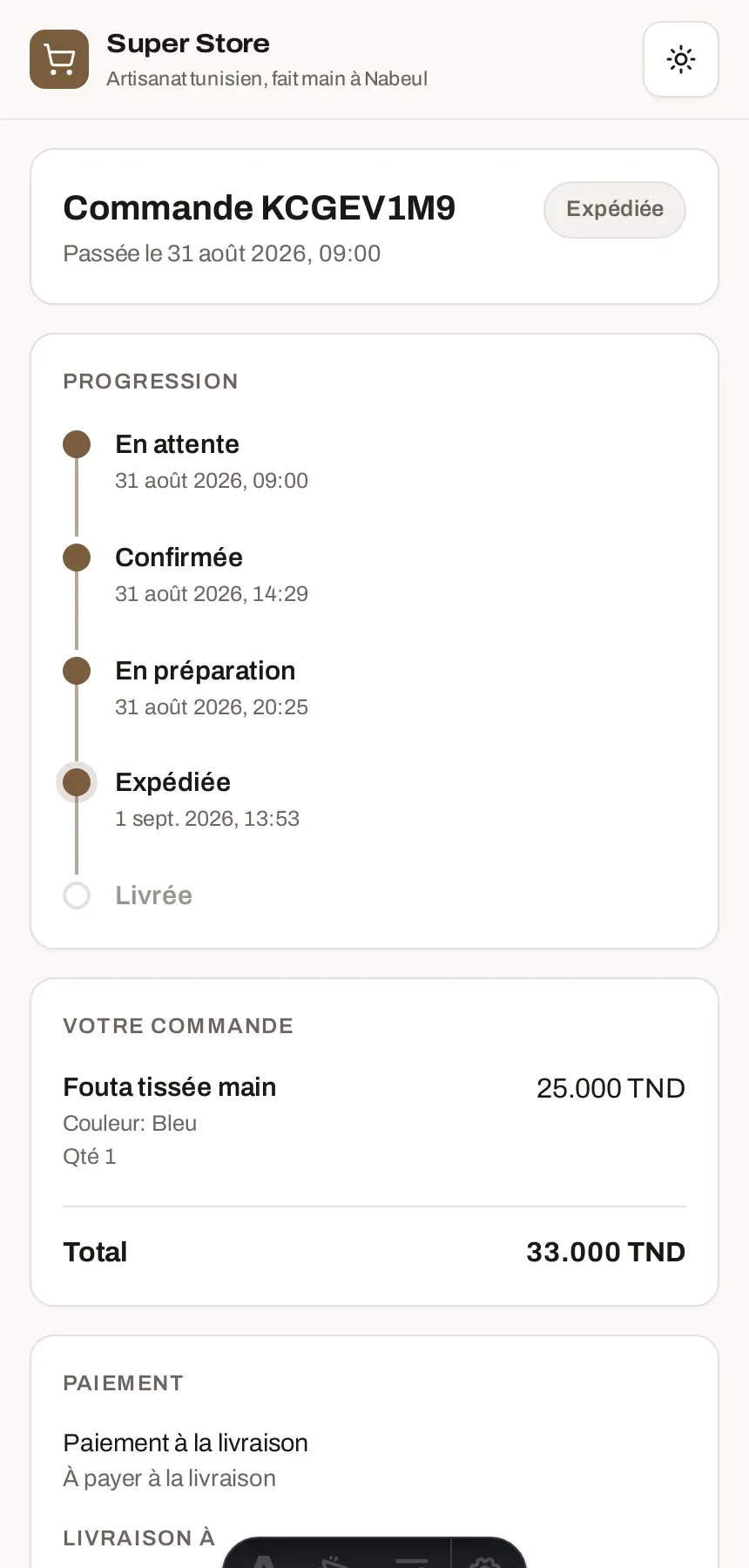 La page de suivi vue par le client